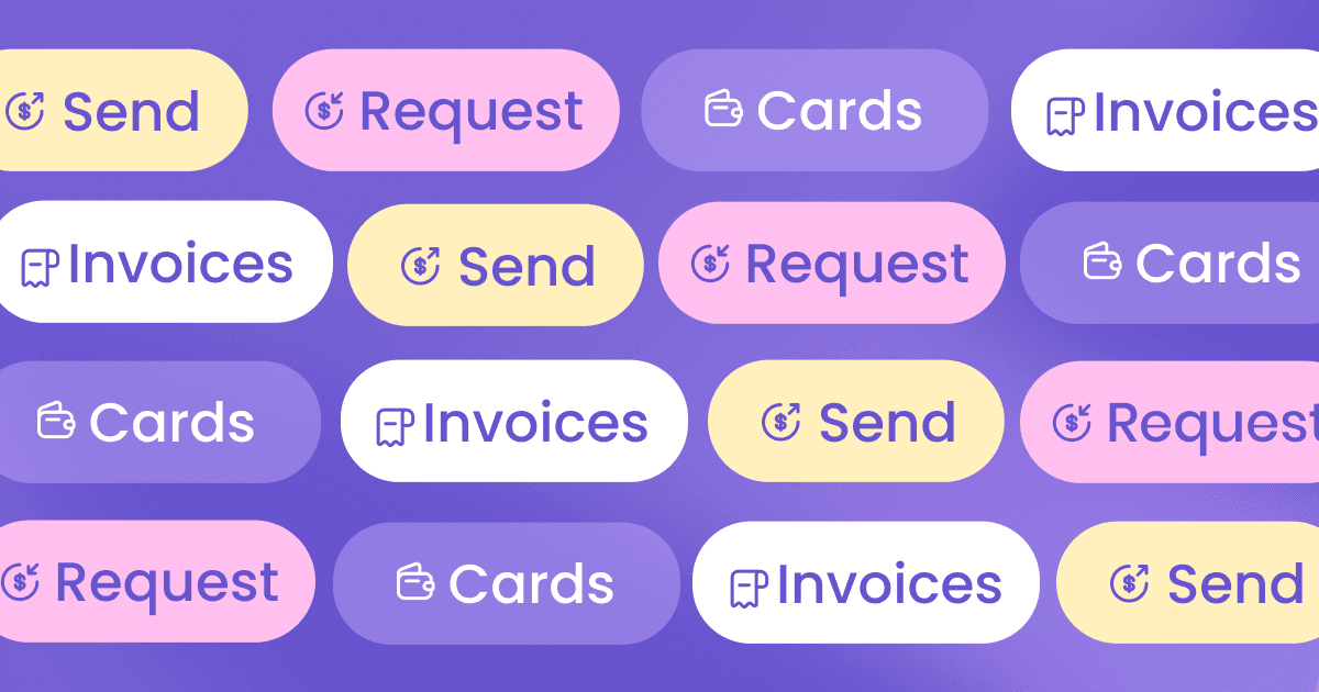 Violet BUFI artwork with Send, Request, Cards and Invoices pills
